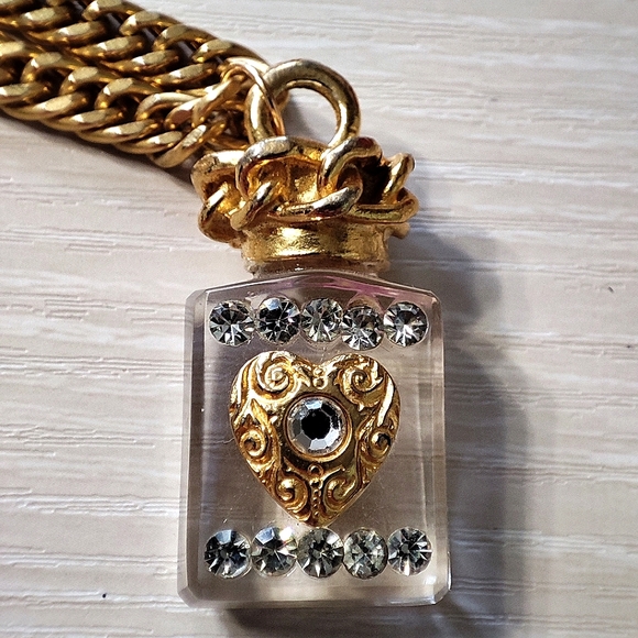 Perfume Bottle Clear Acrylic Rhinestone Heart Necklace Ice Cube Shape Vintage - Picture 3 of 8
